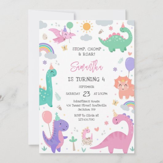 Invitation Dinosaur Stomp Chomp Roar Birthday Party  (Devant)