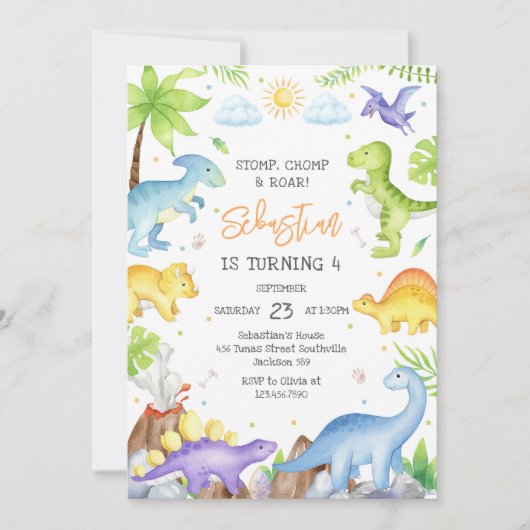 Invitation Dinosaur Stomp Chomp Roar Birthday Party  (Devant)