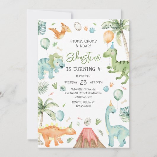 Invitation Dinosaur Stomp Chomp Roar Birthday Party (Devant)