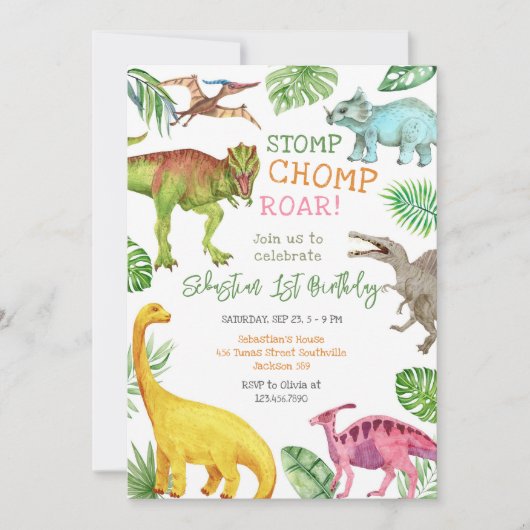 Invitation Dinosaur Stomp Chomp Roar Birthday Party  (Devant)