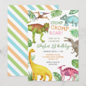 Invitation Dinosaur Stomp Chomp Roar Birthday Party  (Devant / Derrière)
