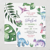 Invitation Dinosaur Stomp Chomp Roar Birthday Party  (Devant / Derrière)