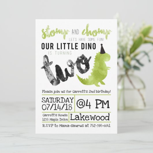 Invitation Dinosaur Stomp et Chomp 2e anniversaire (Debout devant)