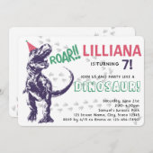 Invitation Dinosaur T-Rex dans Casquette de fête rose et viol (Devant / Derrière)