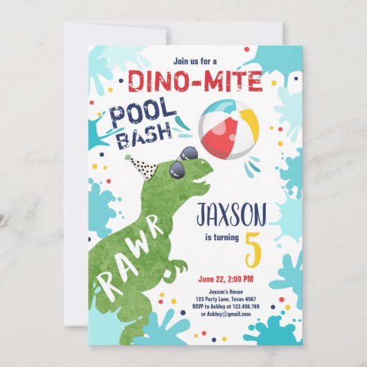 Invitation Dinosaur T-Rex Dino Mite Pool Bash Boy Blue Party (Devant)