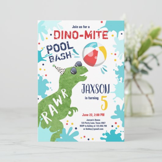 Invitation Dinosaur T-Rex Dino Mite Pool Bash Boy Blue Party (Debout devant)