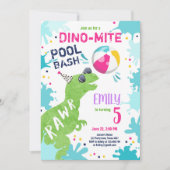 Invitation Dinosaur T-Rex Pool Party Fille rose Anniversaire (Devant)