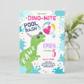 Invitation Dinosaur T-Rex Pool Party Fille rose Anniversaire (Debout devant)