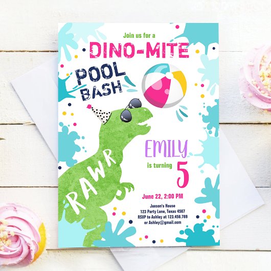 Invitation Dinosaur T-Rex Pool Party Fille rose Anniversaire
