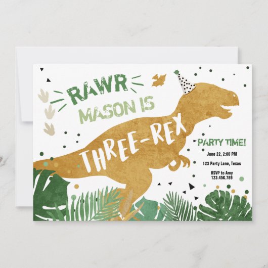 Invitation Dinosaur T-Rex Trois Rex RAWR Gold Boy Anniversair (Devant)