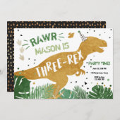 Invitation Dinosaur T-Rex Trois Rex RAWR Gold Boy Anniversair (Devant / Derrière)
