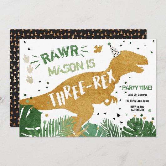 Invitation Dinosaur T-Rex Trois Rex RAWR Gold Boy Anniversair (Devant / Derrière)