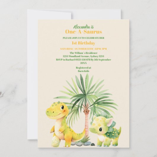 Invitation Dinosaur Thème 1ère fête d'anniversaire (Devant)