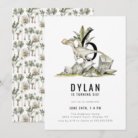 Invitation Dinosaur Thème 6ème anniversaire (Devant / Derrière)