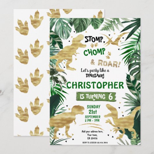 Invitation Dinosaur Thème Anniversaire (Devant / Derrière)