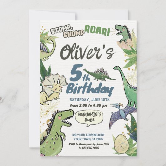 Invitation Dinosaur Thème fête Anniversaire, T Rex (Devant)