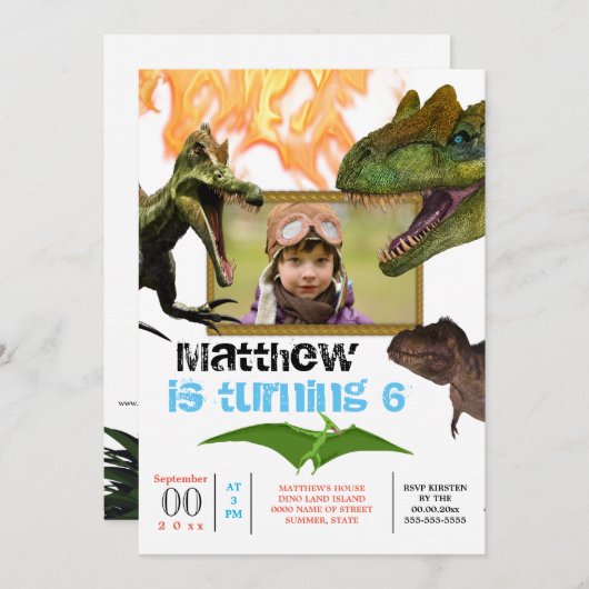 Invitation Dinosaur thème fête d'anniversaire t-rex flammes p (Devant / Derrière)