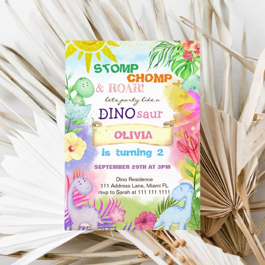 Invitation Dinosaur Thème Fille 2ème Anniversaire