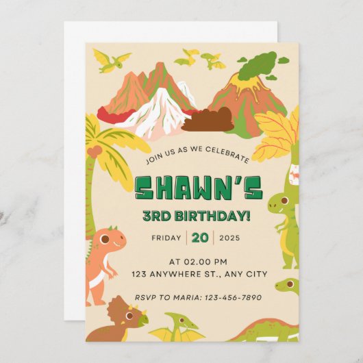 Invitation DInosaur Thème Garçon fête d'anniversaire (Devant / Derrière)