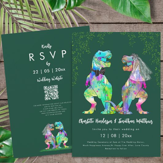 Invitation Dinosaur theme Green Wedding QR Code