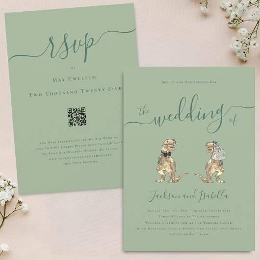Invitation Dinosaur Thème Mariage Sage Green QR Code