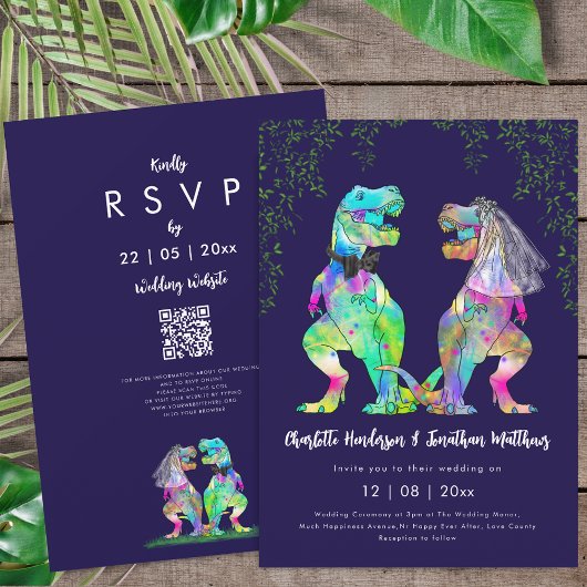 Invitation Dinosaur theme Navy Blue Pink Wedding QR Code