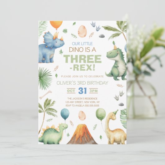 Invitation Dinosaur Three Rex 3rd Birthday Party (Debout devant)