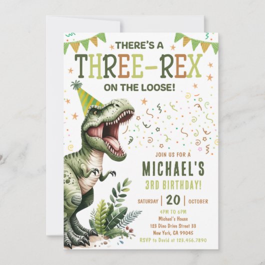 Invitation Dinosaur Three Rex 3rd Birthday Party (Devant)