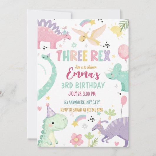 Invitation Dinosaur Three Rex 3rd Birthday Party (Devant)