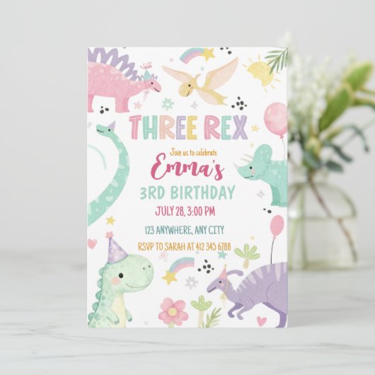 Invitation Dinosaur Three Rex 3rd Birthday Party (Debout devant)