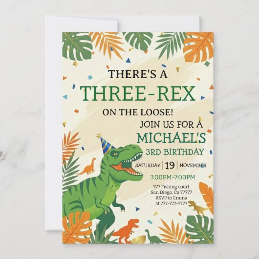 Invitation Dinosaur Three-Rex Boy's 3rd Birthday Party (Devant)