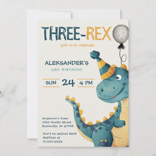 Invitation Dinosaur Trex Trois Rex 3e fête d'anniversaire (Devant)