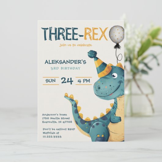 Invitation Dinosaur Trex Trois Rex 3e fête d'anniversaire (Debout devant)