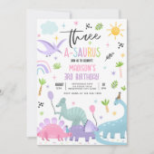 Invitation Dinosaur Trois-A-Saurs Rose 3e fête d'anniversaire (Devant)