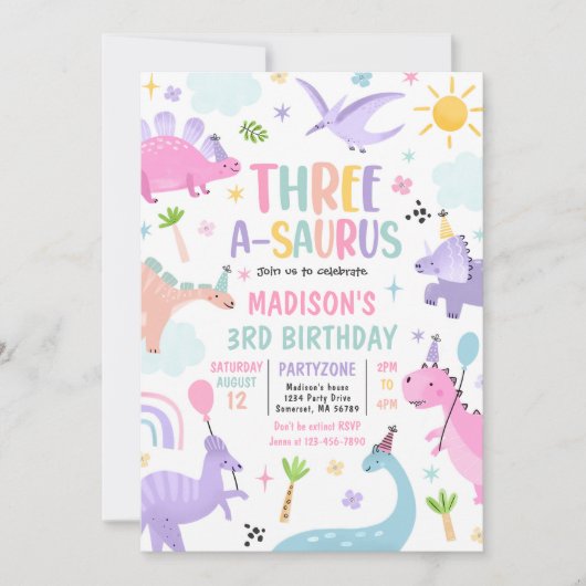 Invitation Dinosaur Trois-A-Saurus 3e fête d'anniversaire (Devant)