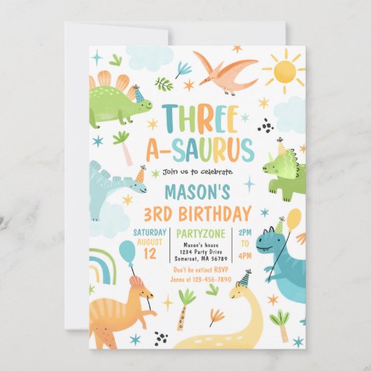 Invitation Dinosaur Trois-A-Saurus 3e fête d'anniversaire (Devant)