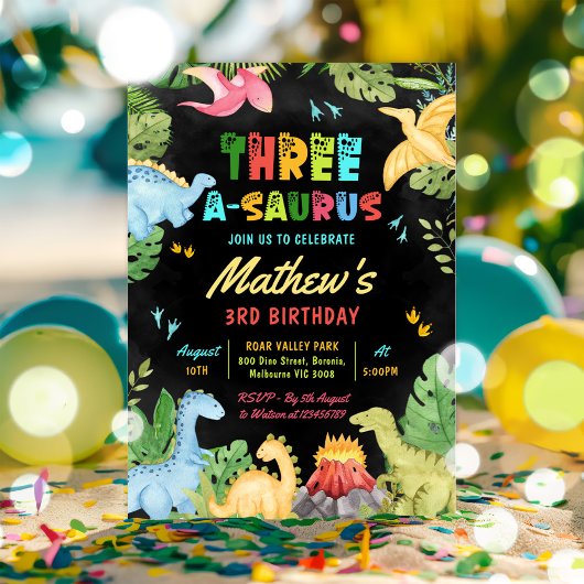 Invitation Dinosaur Trois-A-Saurus 3e fête d'anniversaire