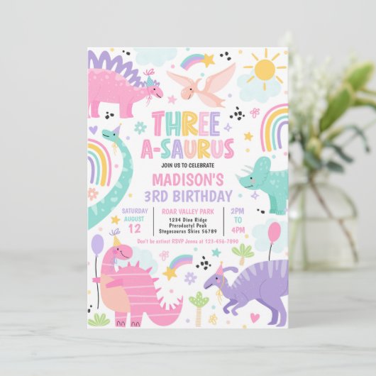 Invitation Dinosaur Trois-A-Saurus 3e fête d'anniversaire (Debout devant)
