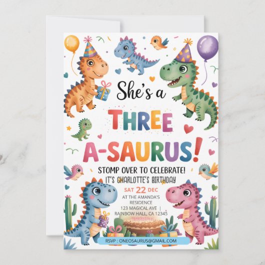 Invitation Dinosaur Trois A-Saurus 3e fête d'anniversaire T-R (Devant)