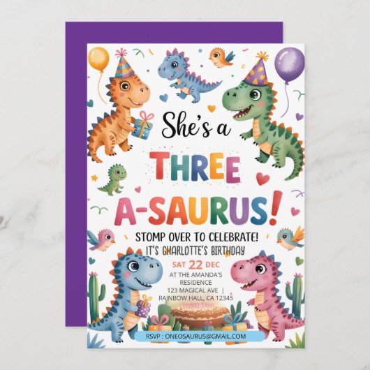 Invitation Dinosaur Trois A-Saurus 3e fête d'anniversaire T-R (Devant / Derrière)
