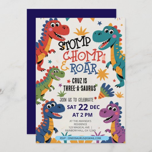 Invitation Dinosaur Trois A-Saurus 3e fête d'anniversaire T-R (Devant / Derrière)