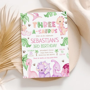 Invitation Dinosaur Trois-A-Saurus Fille 3e fête d'anniversai