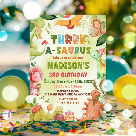 Invitation Dinosaur Trois-A-Saurus Vert 3e anniversaire