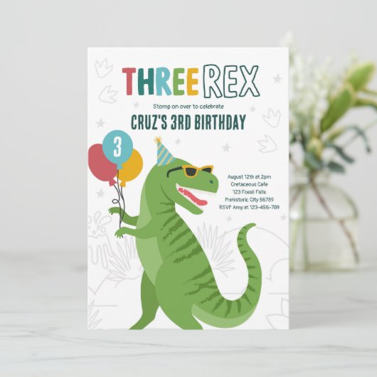 Invitation Dinosaur Trois Rex 3e Anniversaire fête T-Rex (Debout devant)