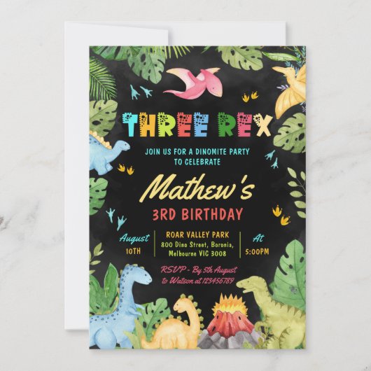 Invitation Dinosaur Trois Rex 3e Anniversaire fête T-Rex (Devant)