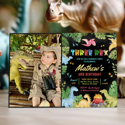 Invitation Dinosaur Trois Rex 3e Anniversaire fête T-Rex Phot