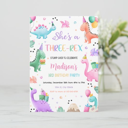Invitation Dinosaur Trois Rex 3e fête d'anniversaire (Debout devant)