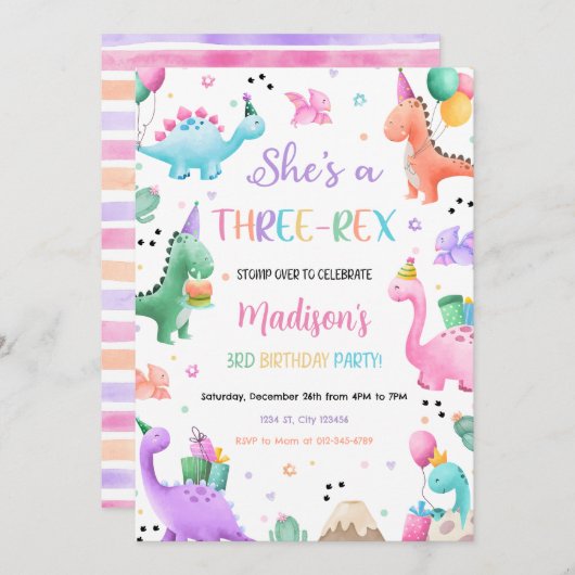 Invitation Dinosaur Trois Rex 3e fête d'anniversaire (Devant / Derrière)