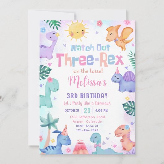 Invitation Dinosaur Trois Rex 3e fête d'anniversaire (Devant)