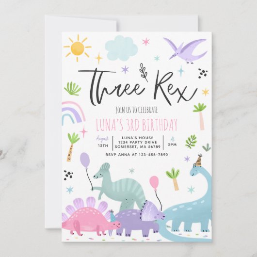 Invitation Dinosaur Trois Rex 3e fête d'anniversaire (Devant)